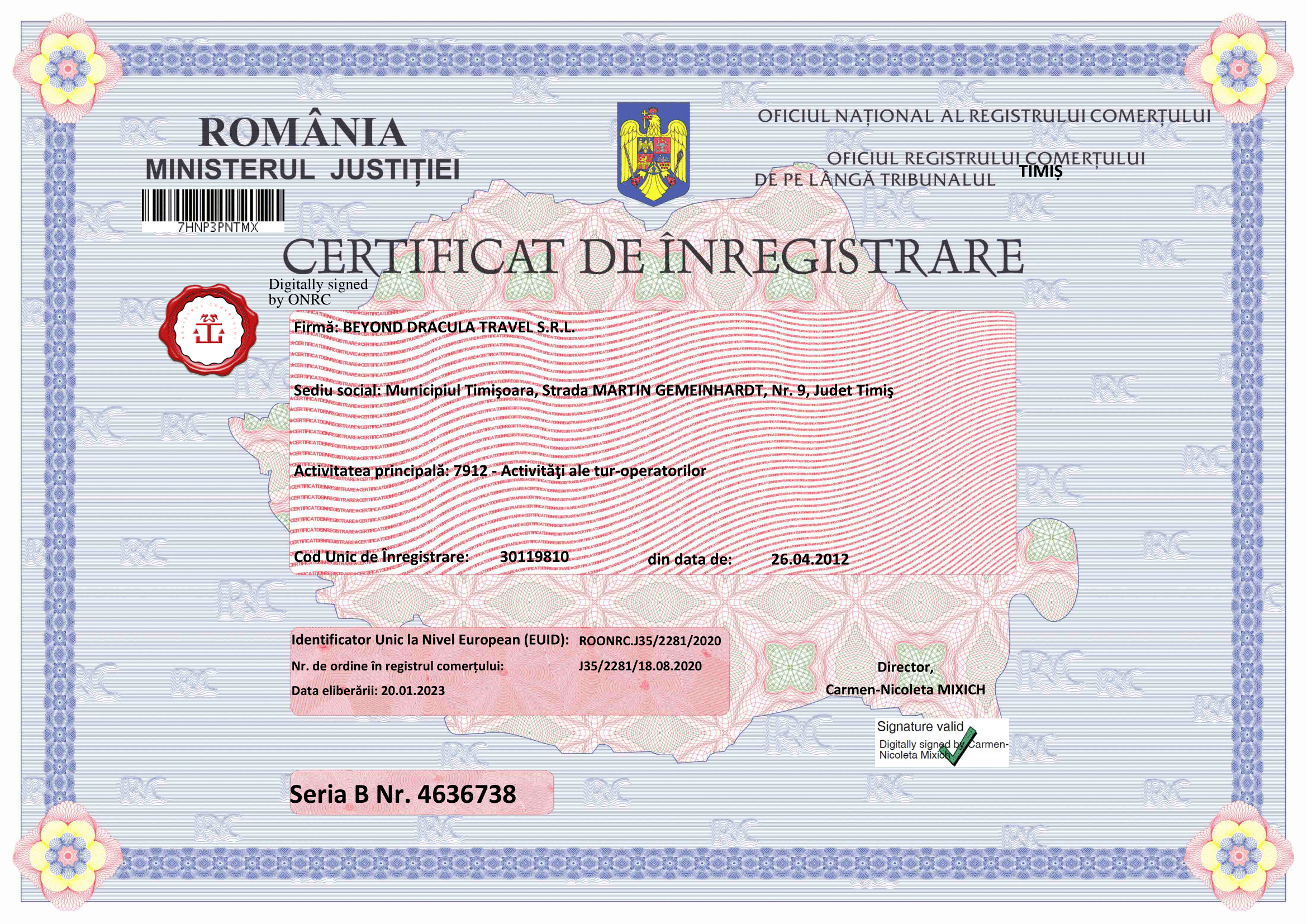 Beyond Dracula Registration Certificate